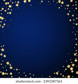 Magic stars vector overlay.  Gold stars scattered around randomly, falling down, floating.  Chaotic dreamy childish overlay template. Magical cartoon night sky on dark blue background.