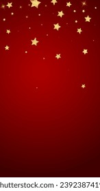 Superposición vectorial de las estrellas mágicas.  Estrellas de oro dispersas al azar, cayendo, flotando.  Una plantilla de superposición infantil de ensueño caótico. Encantador vector con estrellas mágicas sobre fondo rojo.
