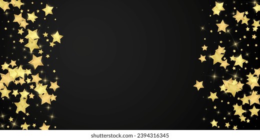 Magic stars vector overlay.  Gold stars scattered around randomly, falling down, floating.  Chaotic dreamy childish overlay template. Enchanting vector with magic stars on black background.