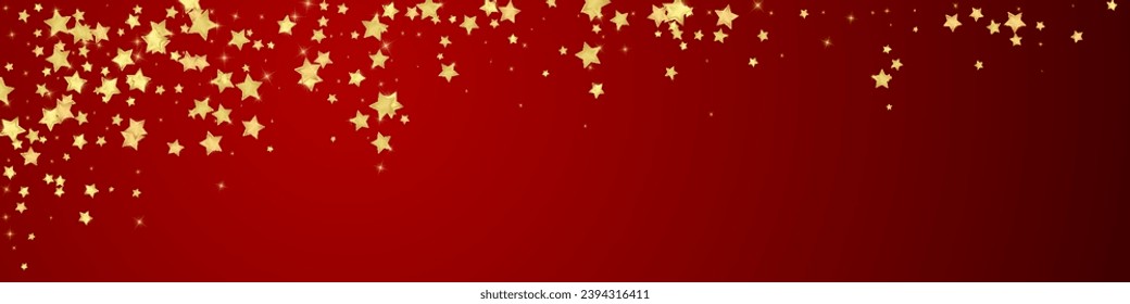Magic stars vector overlay.  Gold stars scattered around randomly, falling down, floating.  Chaotic dreamy childish overlay template. Enchanting vector with magic stars on red background.