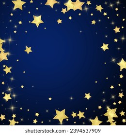 Magic stars vector overlay.  Gold stars scattered around randomly, falling down, floating.  Chaotic dreamy childish overlay template. Vector magic overlay  on dark blue background.