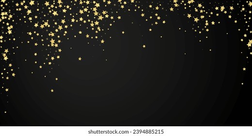 Magic stars vector overlay.  Gold stars scattered around randomly, falling down, floating.  Chaotic dreamy childish overlay template. Magical cartoon night sky on black background.