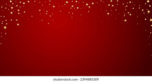 Magic stars vector overlay.  Gold stars scattered around randomly, falling down, floating.  Chaotic dreamy childish overlay template. Magical cartoon night sky on red background.