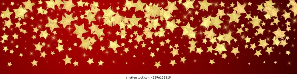 Superposición vectorial de las estrellas mágicas.  Estrellas de oro dispersas al azar, cayendo, flotando.  Una plantilla de superposición infantil de ensueño caótico. Superposición mágica vectorial sobre fondo rojo.
