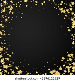 Magic stars vector overlay.  Gold stars scattered around randomly, falling down, floating.  Chaotic dreamy childish overlay template. Vector magic overlay  on black background.