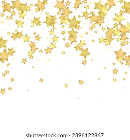 Superposición vectorial de las estrellas mágicas.  Estrellas de oro dispersas al azar, cayendo, flotando.  Una plantilla de superposición infantil de ensueño caótico. Un cuento de hadas vectorial sobre fondo blanco.