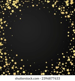 Magic stars vector overlay.  Gold stars scattered around randomly, falling down, floating.  Chaotic dreamy childish overlay template. on black background.