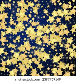 Magic stars vector overlay.  Gold stars scattered around randomly, falling down, floating.  Chaotic dreamy childish overlay template. Enchanting vector with magic stars on dark blue background.