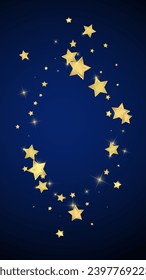 Magic stars vector overlay.  Gold stars scattered around randomly, falling down, floating.  Chaotic dreamy childish overlay template. Miraculous starry night vector  on dark blue background.