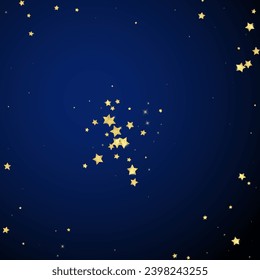 Magic stars vector overlay.  Gold stars scattered around randomly, falling down, floating.  Chaotic dreamy childish overlay template. on dark blue background.