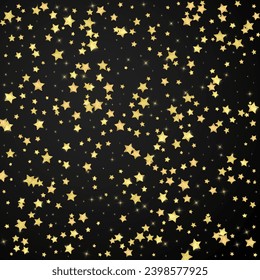 Magic stars vector overlay.  Gold stars scattered around randomly, falling down, floating.  Chaotic dreamy childish overlay template. on black background.