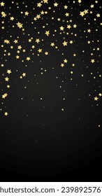Superposición vectorial de las estrellas mágicas.  Estrellas de oro dispersas al azar, cayendo, flotando.  Una plantilla de superposición infantil de ensueño caótico. sobre fondo negro.
