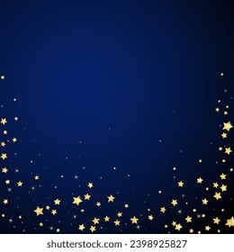 Magic stars vector overlay.  Gold stars scattered around randomly, falling down, floating.  Chaotic dreamy childish overlay template. on dark blue background.