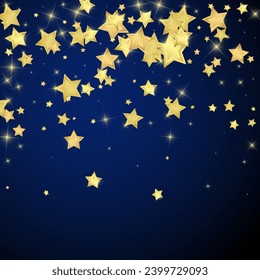 Magic stars vector overlay.  Gold stars scattered around randomly, falling down, floating.  Chaotic dreamy childish overlay template. Magical cartoon night sky on dark blue background.