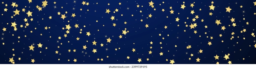 Magic stars vector overlay.  Gold stars scattered around randomly, falling down, floating.  Chaotic dreamy childish overlay template. Enchanting vector with magic stars on dark blue background.