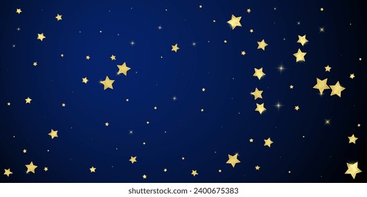 Magic stars vector overlay.  Gold stars scattered around randomly, falling down, floating.  Chaotic dreamy childish overlay template. Miraculous starry night vector  on dark blue background.