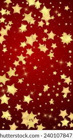 Superposición vectorial de las estrellas mágicas.  Estrellas de oro dispersas al azar, cayendo, flotando.  Una plantilla de superposición infantil de ensueño caótico. Un cuento de hadas vectorial sobre fondo rojo.