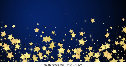 Superposición vectorial de las estrellas mágicas.  Estrellas de oro dispersas al azar, cayendo, flotando.  Una plantilla de superposición infantil de ensueño caótico. sobre fondo azul oscuro.