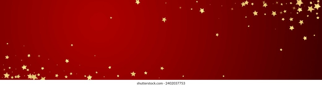 Superposición vectorial de las estrellas mágicas.  Estrellas de oro dispersas al azar, cayendo, flotando.  Una plantilla de superposición infantil de ensueño caótico. Vector nocturno milagroso estrellado sobre fondo rojo.