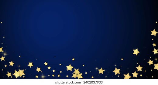 Superposición vectorial de las estrellas mágicas.  Estrellas de oro dispersas al azar, cayendo, flotando.  Una plantilla de superposición infantil de ensueño caótico. sobre fondo azul oscuro.