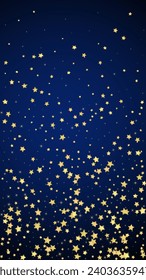 Magic stars vector overlay.  Gold stars scattered around randomly, falling down, floating.  Chaotic dreamy childish overlay template. Vector fairytale  on dark blue background.