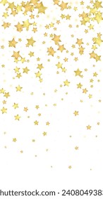 Magic stars vector overlay.  Gold stars scattered around randomly, falling down, floating.  Chaotic dreamy childish overlay template. Enchanting vector with magic stars on white background.