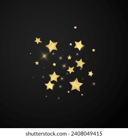 Magic stars vector overlay.  Gold stars scattered around randomly, falling down, floating.  Chaotic dreamy childish overlay template. Miraculous starry night vector  on black background.