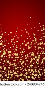 Magic stars vector overlay.  Gold stars scattered around randomly, falling down, floating.  Chaotic dreamy childish overlay template. Vector magic overlay  on red background.