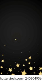 Magic stars vector overlay.  Gold stars scattered around randomly, falling down, floating.  Chaotic dreamy childish overlay template. Magical cartoon night sky on black background.