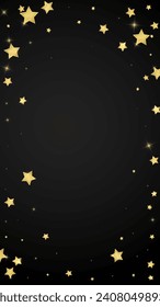 Magic stars vector overlay.  Gold stars scattered around randomly, falling down, floating.  Chaotic dreamy childish overlay template. Enchanting vector with magic stars on black background.