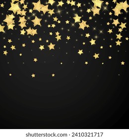 Magic stars vector overlay.  Gold stars scattered around randomly, falling down, floating.  Chaotic dreamy childish overlay template. Vector magic overlay  on black background.