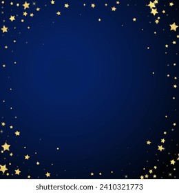 Magic stars vector overlay.  Gold stars scattered around randomly, falling down, floating.  Chaotic dreamy childish overlay template. Enchanting vector with magic stars on dark blue background.