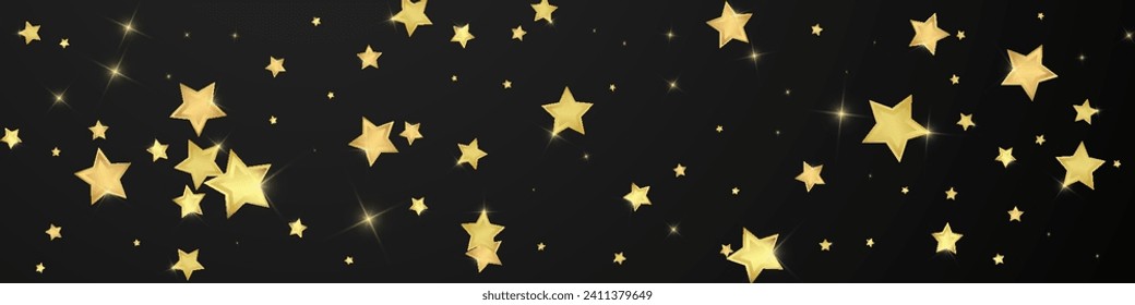 Superposición vectorial de las estrellas mágicas.  Estrellas de oro dispersas al azar, cayendo, flotando.  Una plantilla de superposición infantil de ensueño caótico. Cielo nocturno de caricatura mágica sobre fondo negro.