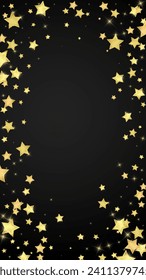 Magic stars vector overlay.  Gold stars scattered around randomly, falling down, floating.  Chaotic dreamy childish overlay template. Magical cartoon night sky on black background.