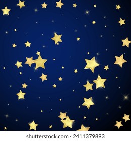 Magic stars vector overlay.  Gold stars scattered around randomly, falling down, floating.  Chaotic dreamy childish overlay template. Vector magic overlay  on dark blue background.