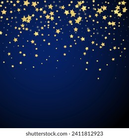Magic stars vector overlay.  Gold stars scattered around randomly, falling down, floating.  Chaotic dreamy childish overlay template. Vector fairytale  on dark blue background.