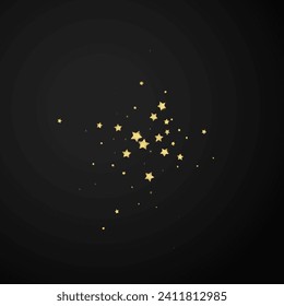 Superposición vectorial de las estrellas mágicas.  Estrellas de oro dispersas al azar, cayendo, flotando.  Una plantilla de superposición infantil de ensueño caótico. Encantador vector con estrellas mágicas sobre fondo negro.