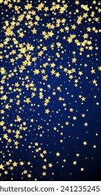 Magic stars vector overlay.  Gold stars scattered around randomly, falling down, floating.  Chaotic dreamy childish overlay template. Miraculous starry night vector  on dark blue background.