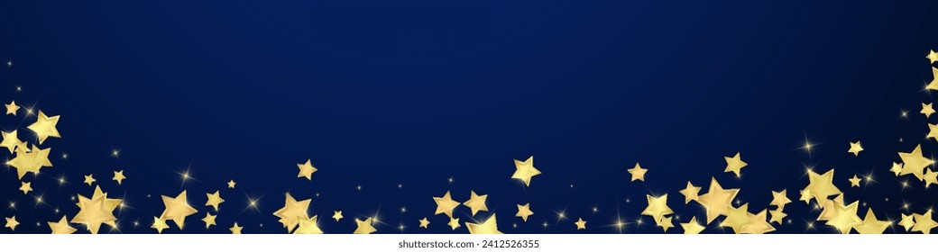 Magic stars vector overlay.  Gold stars scattered around randomly, falling down, floating.  Chaotic dreamy childish overlay template. Miraculous starry night vector  on dark blue background.