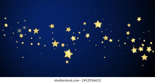 Superposición vectorial de las estrellas mágicas.  Estrellas de oro dispersas al azar, cayendo, flotando.  Una plantilla de superposición infantil de ensueño caótico. Vector nocturno milagroso estrellado sobre fondo azul oscuro.
