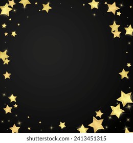 Superposición vectorial de las estrellas mágicas.  Estrellas de oro dispersas al azar, cayendo, flotando.  Una plantilla de superposición infantil de ensueño caótico. Encantador vector con estrellas mágicas sobre fondo negro.