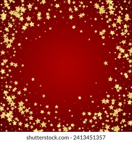 Magic stars vector overlay.  Gold stars scattered around randomly, falling down, floating.  Chaotic dreamy childish overlay template. on red background.