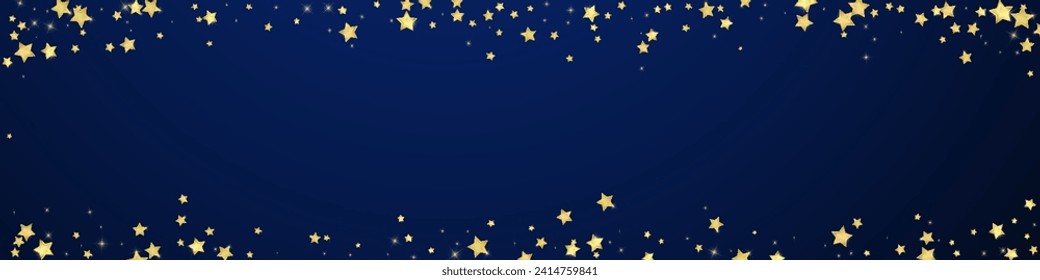 Magic stars vector overlay.  Gold stars scattered around randomly, falling down, floating.  Chaotic dreamy childish overlay template. Miraculous starry night vector  on dark blue background.