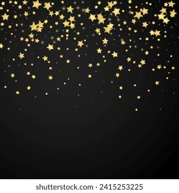 Magic stars vector overlay.  Gold stars scattered around randomly, falling down, floating.  Chaotic dreamy childish overlay template. Magical cartoon night sky on black background.