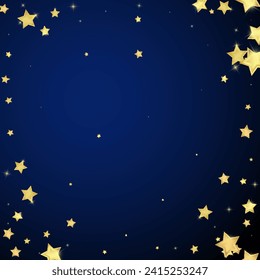 Superposición vectorial de las estrellas mágicas.  Estrellas de oro dispersas al azar, cayendo, flotando.  Una plantilla de superposición infantil de ensueño caótico. sobre fondo azul oscuro.