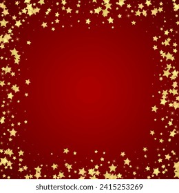 Magic stars vector overlay.  Gold stars scattered around randomly, falling down, floating.  Chaotic dreamy childish overlay template. Enchanting vector with magic stars on red background.