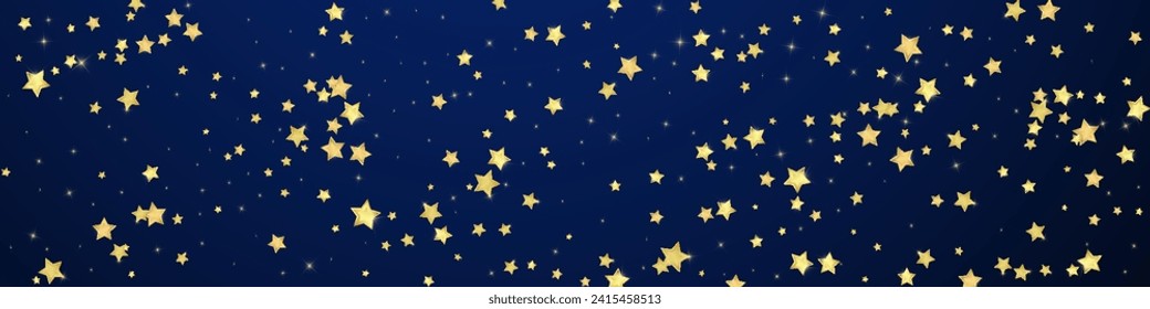 Magic stars vector overlay.  Gold stars scattered around randomly, falling down, floating.  Chaotic dreamy childish overlay template. Vector magic overlay  on dark blue background.