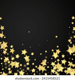 Magic stars vector overlay.  Gold stars scattered around randomly, falling down, floating.  Chaotic dreamy childish overlay template. Enchanting vector with magic stars on black background.