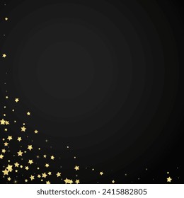 Magic stars vector overlay.  Gold stars scattered around randomly, falling down, floating.  Chaotic dreamy childish overlay template. Vector fairytale  on black background.