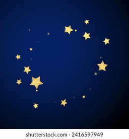 Magic stars vector overlay.  Gold stars scattered around randomly, falling down, floating.  Chaotic dreamy childish overlay template. Enchanting vector with magic stars on dark blue background.